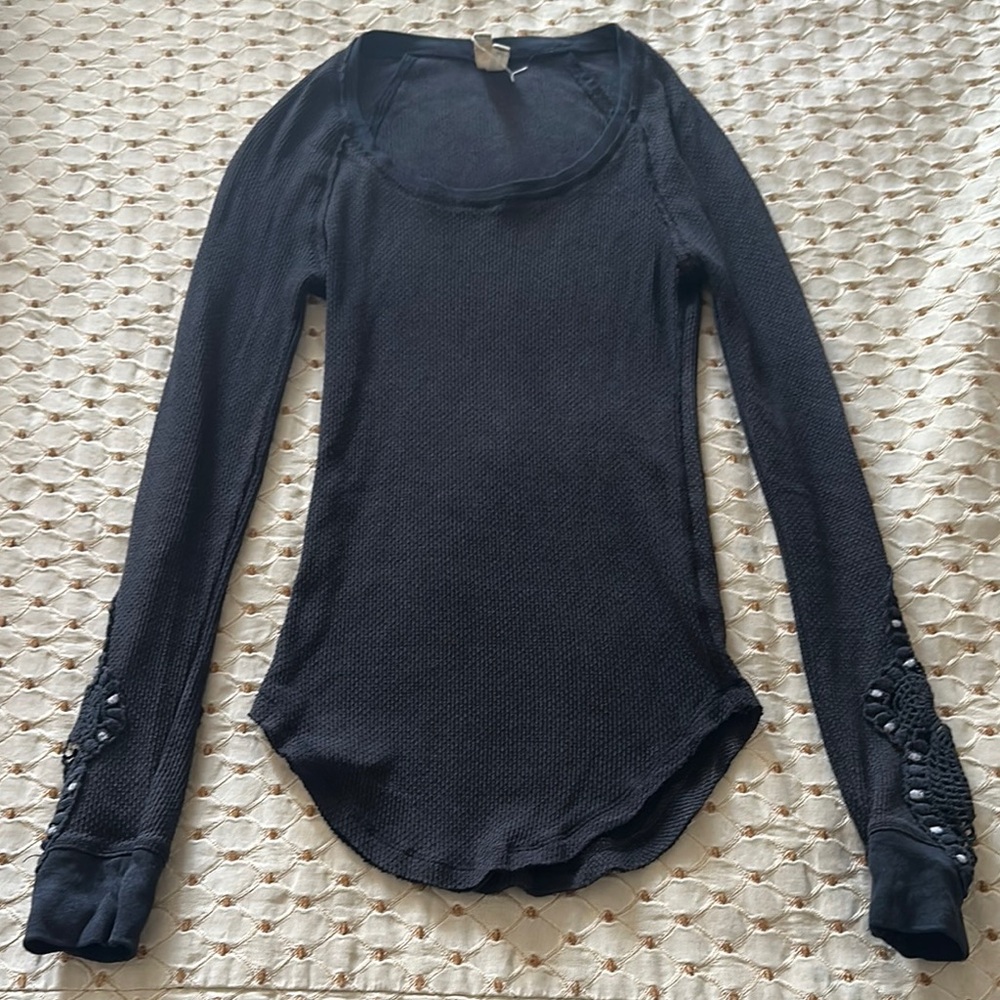 Free People Lace Cuff Black Long Sleeve Top
